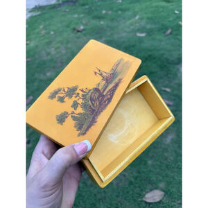 Vintage? Golden Yellow Graphic Handcrafted Wooden Box Decorative East Asian Art?